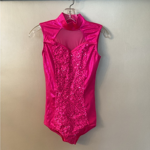 BALERA ADULT MEDIUM CERISE PINK METALLIC SEQUIN PANEL LEOTARD - Picture 3 of 9